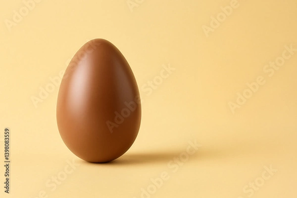 Fototapeta A smooth milk chocolate Easter egg with a clean, glossy finish, placed against a soft pastel background. The egg features a horizontal cut, revealing a rich filling. Ideal for showcasing premium choco