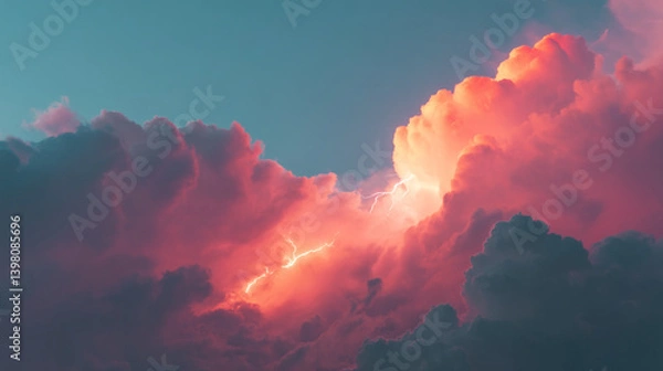 Fototapeta A dramatic sky filled with vibrant pink and orange clouds with a hint of lightning visible within
