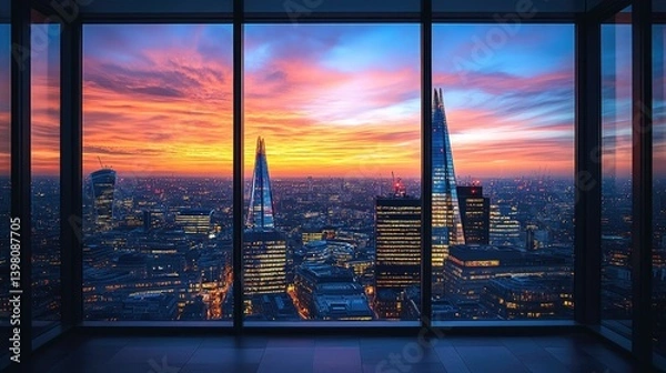 Obraz A panoramic view of a city skyline at sunset through windows