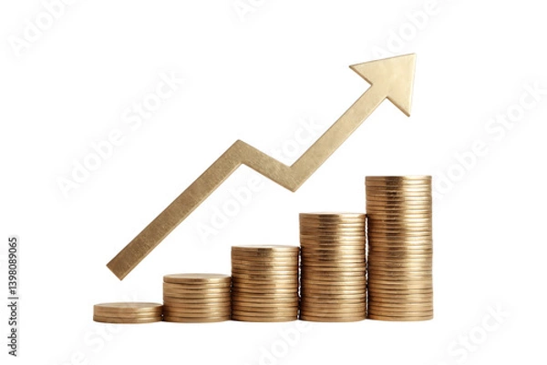 Obraz Gold coins and a growth arrow on a financial graph illustrate business investment success.