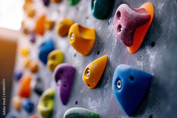 Fototapeta Climbing Holds on Textured Wall: A close-up showcases vibrant climbing holds affixed to a textured wall, presenting a captivating study of texture and color in an indoor climbing environment.