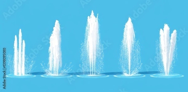 Fototapeta Water Fountain Display: An array of ornamental water fountains, exhibiting various spray patterns, is captured against a bright, aquamarine backdrop. Display of pure water movement and elegance.
