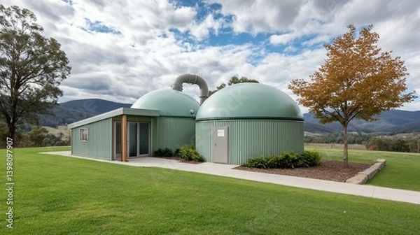 Obraz Wide view of rural renewable energy farm with biogas tanks, eco fuel ducts and natural surroundings