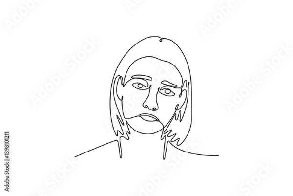 Fototapeta woman sulking, frowning and looking upset, distressed frustrated face expression. Expression concept. Single line draw design. Vector graphic illustration