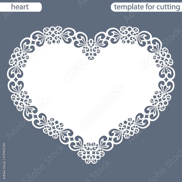 Fototapeta Greeting card with openwork border, paper doily under the cake, template for cutting in the form of heart, valentine card,  wedding invitation, decorative plate is laser cut,  vector illustrations.