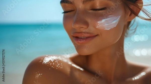 Fototapeta Eyes closed and smiling, woman with glowing skin and sunscreen sparkles under bright seaside sun