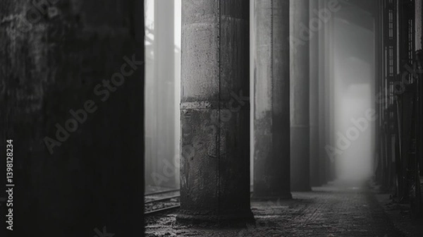 Fototapeta A long, dark hallway with pillars