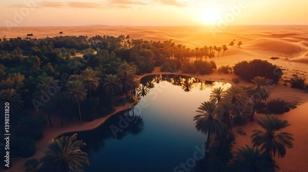 Fototapeta Beautiful desert oasis with palm trees and a water pond at sunset.