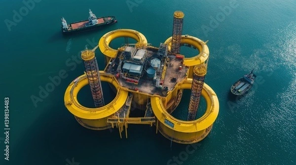 Obraz Offshore oil and gas platform complex in the South China Sea, aerial view of three interconnected structures with iron towers and yellow spiral components.