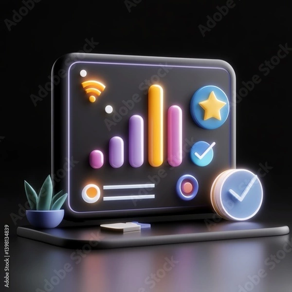 Fototapeta Online course dashboard with glowing progress bars and achievement badges, 3D illustration