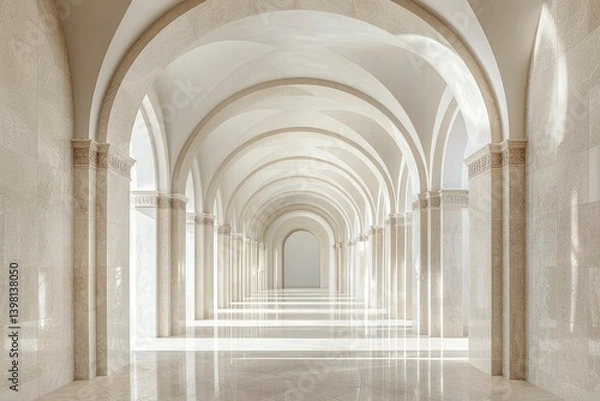 Fototapeta Elegant, spacious corridor with arches and polished marble floors, creating a serene atmosphere
