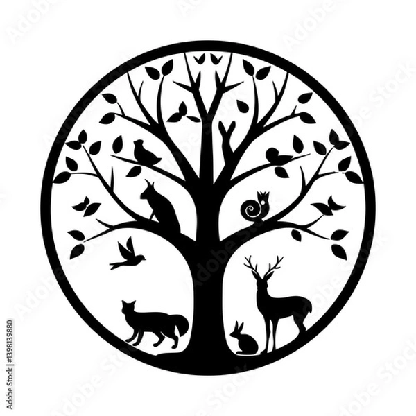 Fototapeta Circular Tree of Life with Wildlife Silhouette Artwork Featuring Birds Deer Fox Rabbit and Cat