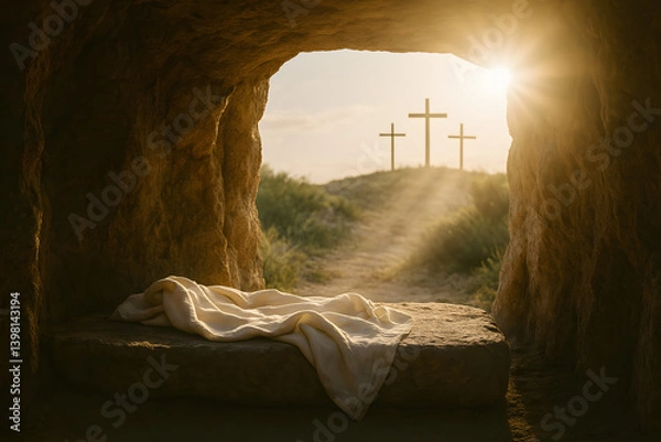 Obraz Empty Tomb with Three Crosses at Sunrise