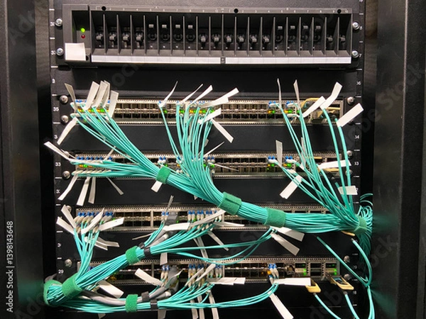 Fototapeta optical fiber, telecommunication equipment, communications, networks, optical patch cords, switch, router, DWDM