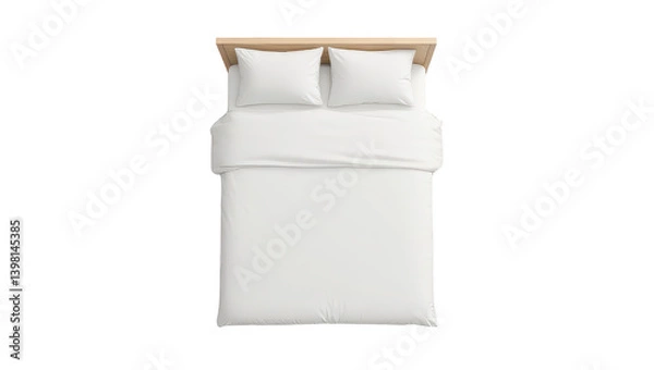Obraz Top View of Made Bed with White Bedding and Light Wood Headboard
