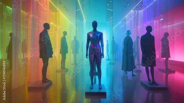 Fototapeta Futuristic fashion exhibit featuring colorful mannequins in a vibrant, illuminated gallery space