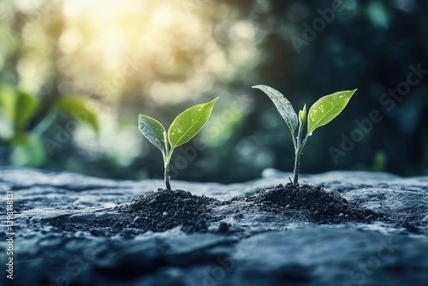 Obraz Two Young Seedlings Sprout from the Ground, Embodying Resilience and the Potential for Growth in Nature