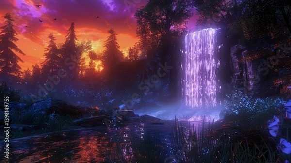Fototapeta Serene waterfall cascading into a tranquil pool surrounded by vibrant flora at sunset