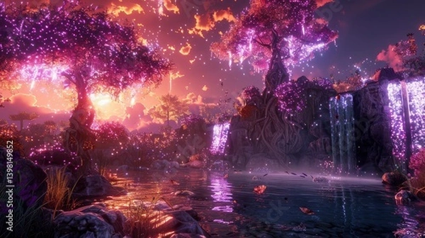 Fototapeta Enchanted forest at sunset with waterfalls, vibrant flora, and shimmering reflections on water