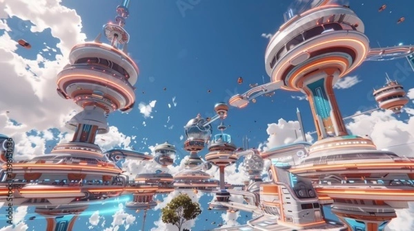 Fototapeta Futuristic cityscape with floating structures and vibrant clouds, showcasing advanced architecture and technology