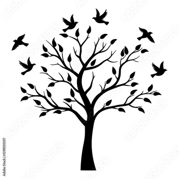 Fototapeta Silhouette of a Tree with Birds Flying Around It  A Black and White Illustration of Nature