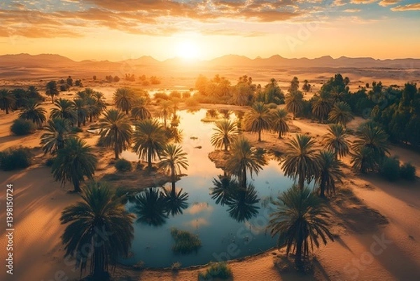 Fototapeta Beautiful desert oasis with palm trees and a water pond at sunset.
