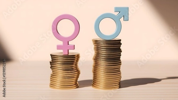 Fototapeta Gender Pay Gap Concept: Equal Stacks of Gold Coins with Female and Male Symbols, Symbolizing the Disparity in Earnings on a Light Wooden Surface