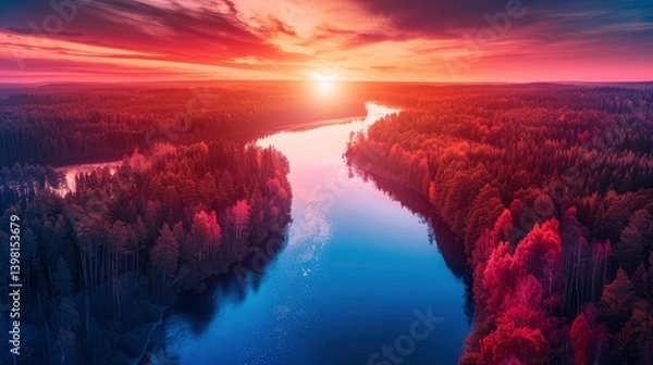 Fototapeta Serene sunset over a winding river surrounded by vibrant forests and a colorful sky