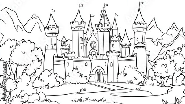 Fototapeta A detailed line drawing of a castle set against a backdrop of mountains and trees, evoking a fairytale atmosphere.