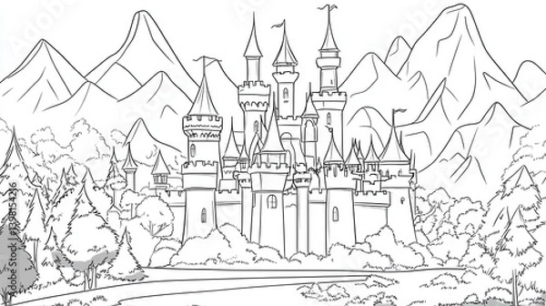 Fototapeta A detailed line drawing of a castle set against a backdrop of mountains and trees, evoking a fairytale atmosphere.