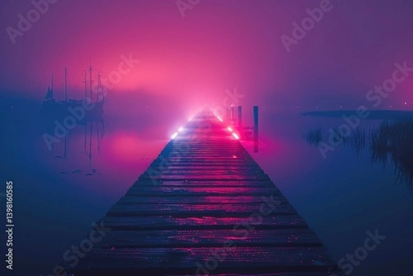 Fototapeta Serene foggy pier at twilight with vibrant lights reflecting on water and a ship in the distance