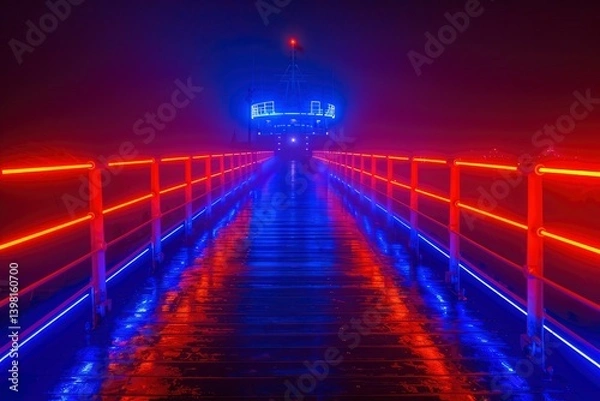Fototapeta Illuminated pier at night with vibrant blue and red lights reflecting on wet wooden planks