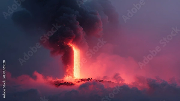 Fototapeta A surreal scene of a fiery waterfall cascading through dark clouds under a pink and purple sky