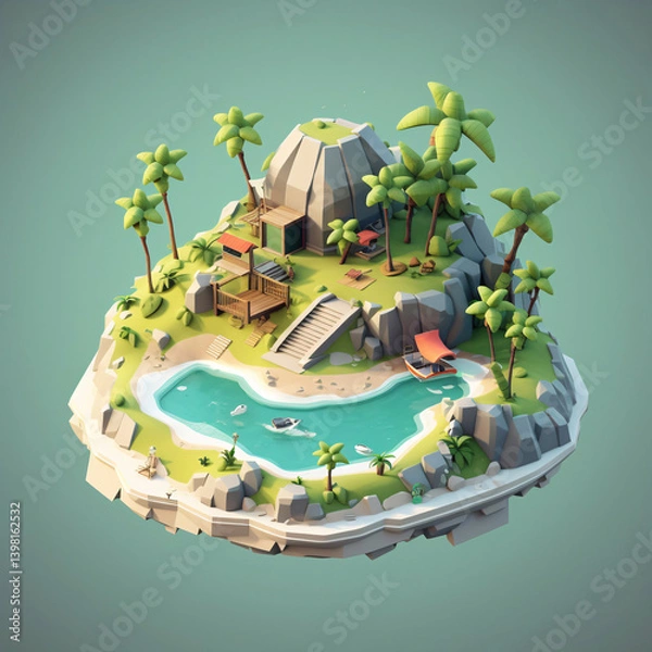 Fototapeta Holiday island with swimming pool and bungalow. 3D simple small isometric perspective with building model.