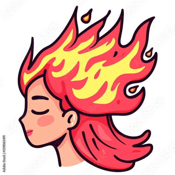 Fototapeta Woman with her head and hair on fire, girl in emotional anxiety distress, depressed and tired, unhappy with eyes closed and hair burning, doodle cartoon character, isolated simple vector illustration