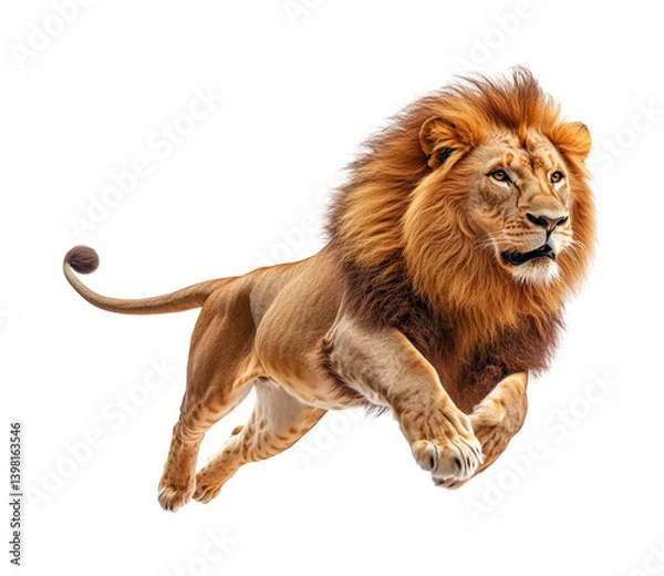Obraz Majestic lion leaping in action wilderness animal dynamic perspective. Isolated on transparent background, png.