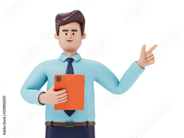 Obraz Man holding tablet, pointing upwards, symbolizing idea sharing or digital collaboration. 3D rendering, conceptual image. Isolated on white background.