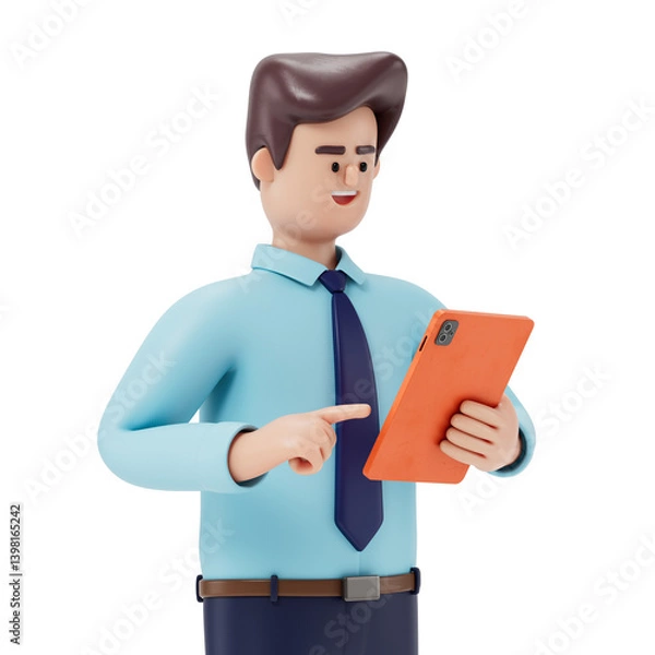 Obraz Man holding tablet, pointing upwards, symbolizing idea sharing or digital collaboration. 3D rendering, conceptual image. Isolated on white background.