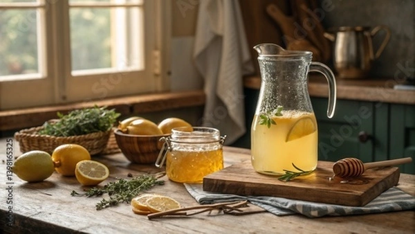 Fototapeta Rustic honey lemonade in glass pitcher with lemons and jar
