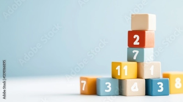 Obraz A child learning numbers and math concepts with a stack of colorful wooden building blocks  Educational toys promoting early childhood development numeracy and STEM skills