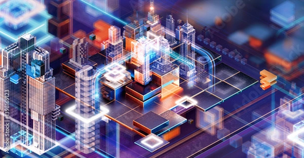 Fototapeta Smart cyber city technology, 3D hub. Urban planning, digital high-tech infrastructure, IoT, intelligent connectivity. Skyscrapers, metropolis data driven architecture AI-powered city buildings network