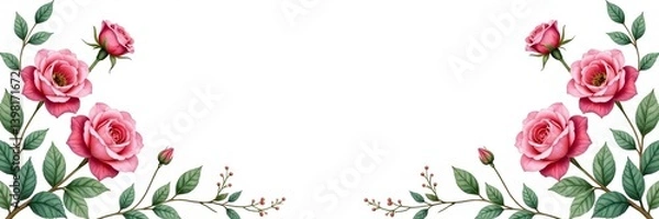 Fototapeta Watercolor botanical elements of pink roses, garden flowers, leaves, and branches for wedding floral design with greenery, forest herbs, and tropical leaves,  tropical leaves,  floral design