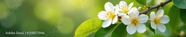 Fototapeta White calamondin citrus petals and buds on orange tree branch with fragrant orange blossoms and neroli aroma, stunning azahar flowers in full bloom, orange tree,  azahar