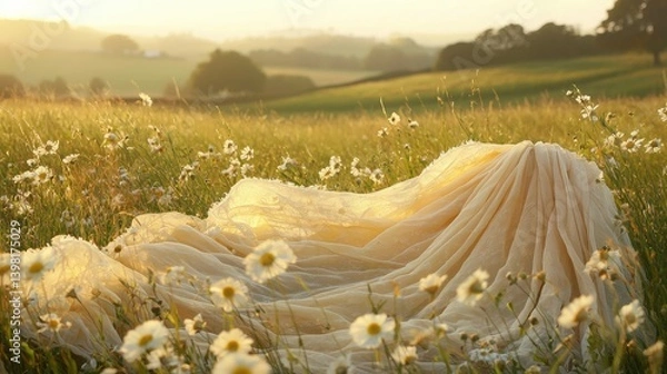 Fototapeta Wispy fabric dancing in the wind with soft sunrise tones creating a peaceful, dreamy setting.