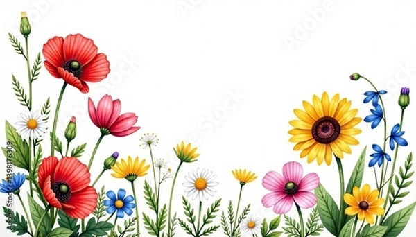 Fototapeta Watercolor painting of a beautiful wildflower arrangement featuring poppy, chamomile, cornflower, clover, anemone, and sunflower,  clover,  chamomile