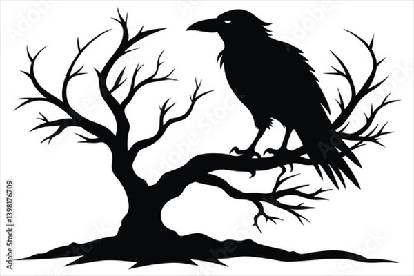 Fototapeta Raven bird silhouette on a dead tree branch