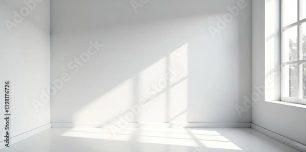 Fototapeta White and grey wall interior background in a studio setting with shadows from window, ideal for showcasing products and adding texts,  shadows,  background