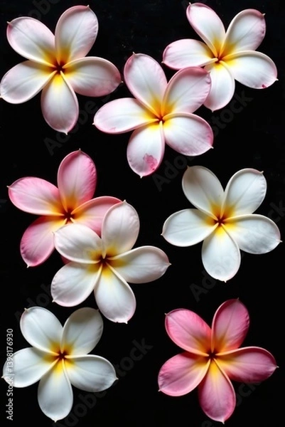 Fototapeta White and pink frangipani flowers, local flora of Asia, arranged in a flat lay postcard style on a black background in the spring season,  flora,  spring