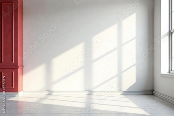 Fototapeta White and red toned studio background wall decoration with shadows from window,  background,  wall decoration