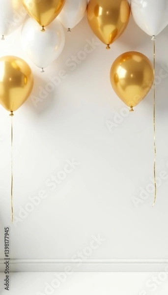 Fototapeta White background with gold and white balloons hanging from ceiling, creating festive atmosphere,  celebration,  decorations
